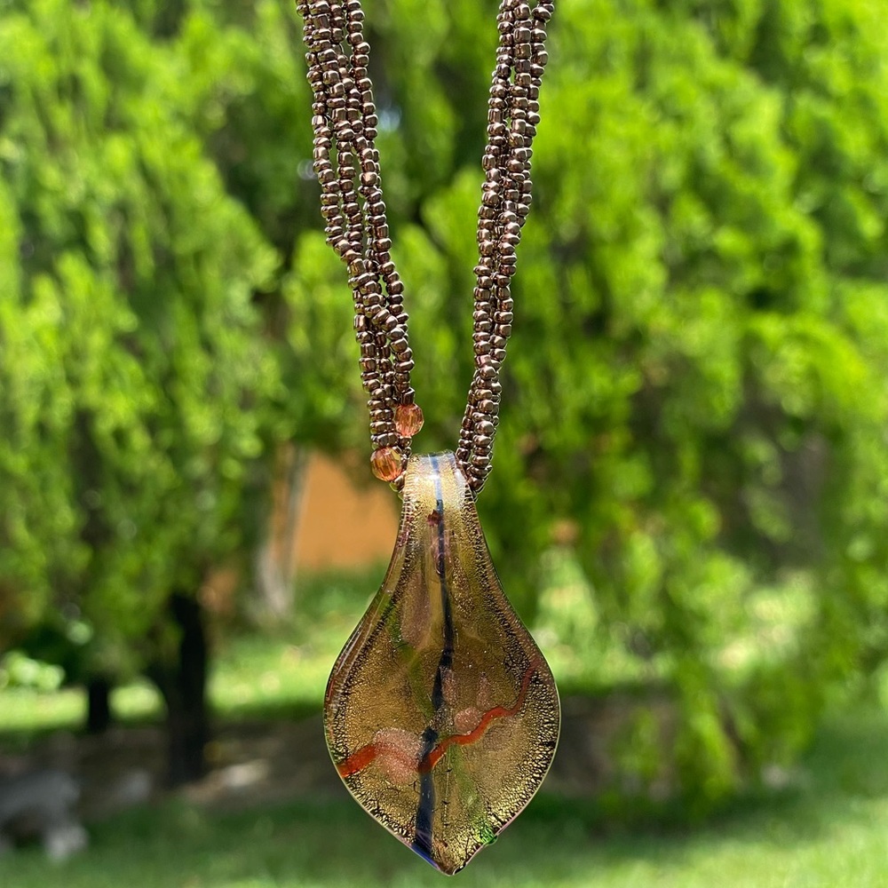 Seed Bead Gold and Brown Dichroic Glass Necklace